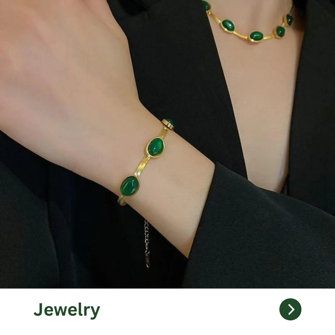 Elegant green gemstone bracelet showcased on a model's wrist, perfect for jewelry lovers.