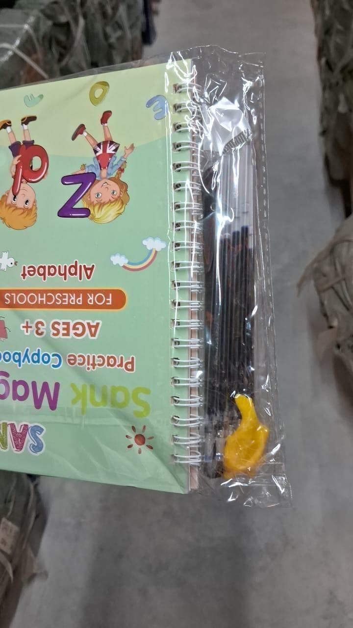 Sank Magic Practice Copybook with pen, grip, and refills in a pack for preschoolers, colorful design.