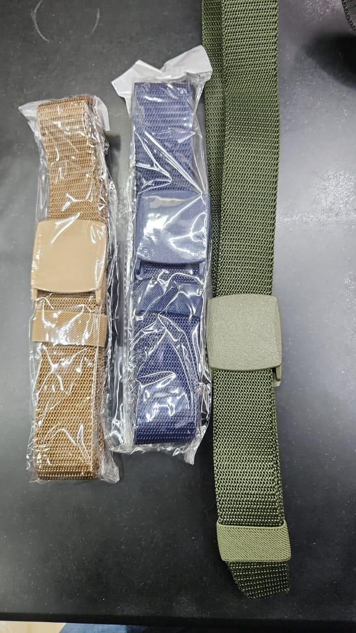 Unisex canvas belt pack of 2, featuring khaki and navy belts alongside an olive green option, displayed in packaging.