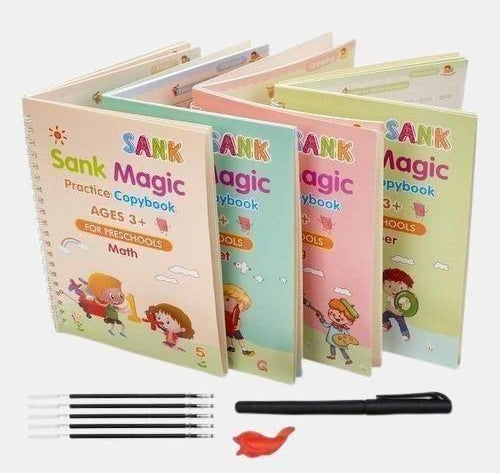 Sank Magic Practice Copybook set featuring 4 books, 1 pen, 1 grip, and 10 refills for preschool learning.