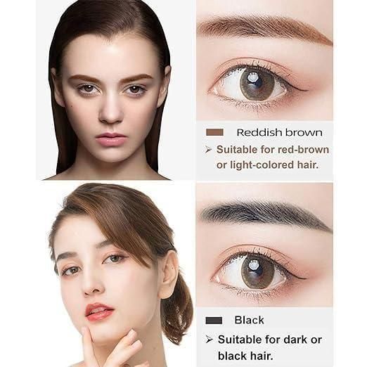 Comparison of eyebrow colors: Reddish brown for light hair and Black for dark hair, showcasing microblading effects.